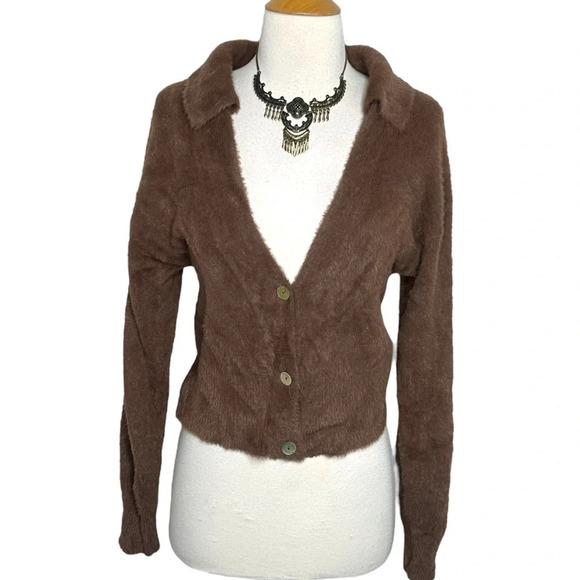 Pink Rose S‎ brown fuzzy deep v-neck cardigan sweater - Picture 1 of 6